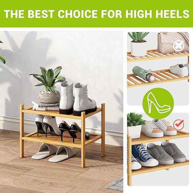 BMOSU 2-Tier Bamboo Small Shoe Rack Premium Stackable Shoe Shelf Storage Organizer for Hallway Closet Living Room Entryway Or
