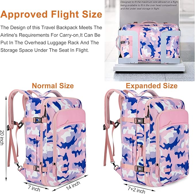 Lumesner Carry on Travel Backpacks, Extra Large 40L Flight Approved for Men & Women,Expandable Suitcase backpack (Camouflage 