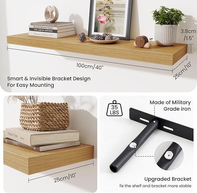 Fun Memories Floating Shelves Set of 2, 40 Inch Long Wooden Wall Shelves, 10 Inch Deep Wall Mounted Storage Shelf with Metal 