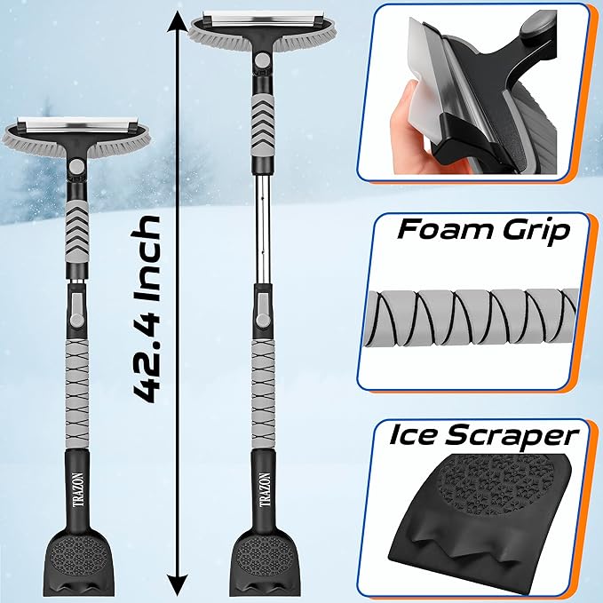 Trazon 42.4" Extendable Snow Brush & Mini Snow Shovel/Ice Scraper for Car Windshield with Foam Grip for Cars, SUV, Trucks, Detachable Сar Scraper, No Scratch, Heavy Duty Long Handle, Ice Remover