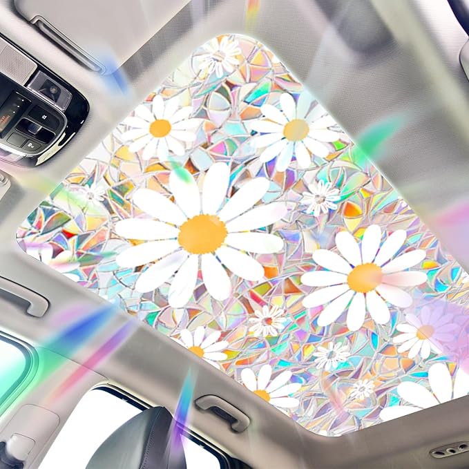 Niviy Window Privacy Film Daisy Flowers Stained Glass Window Film, Sun Blocking Glass Clings, Static Cling Rainbow Sticker Covering for Home Door (16.93 x 39.37inch)