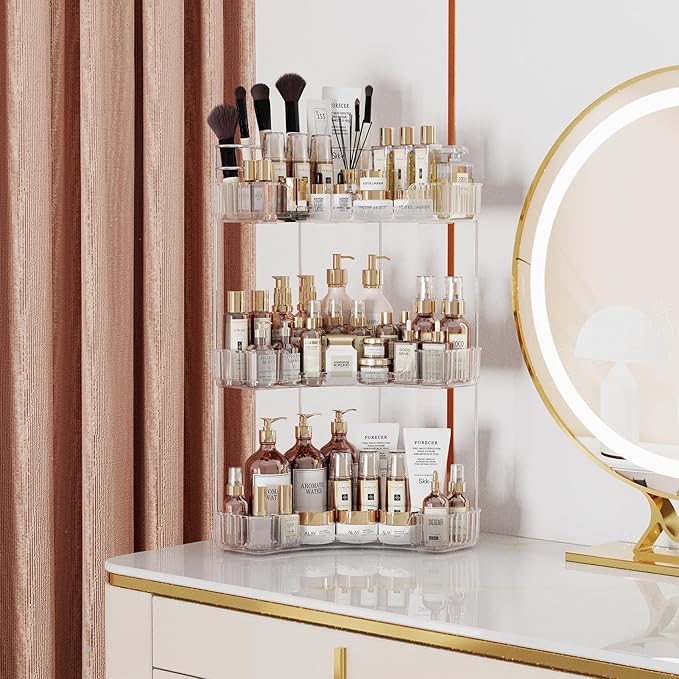 Asayuee 3-Tier Corner Bathroom Counter Organizer with Top Toothbrush Holders,Large Makeup Organizer Countertop with Brush Hol