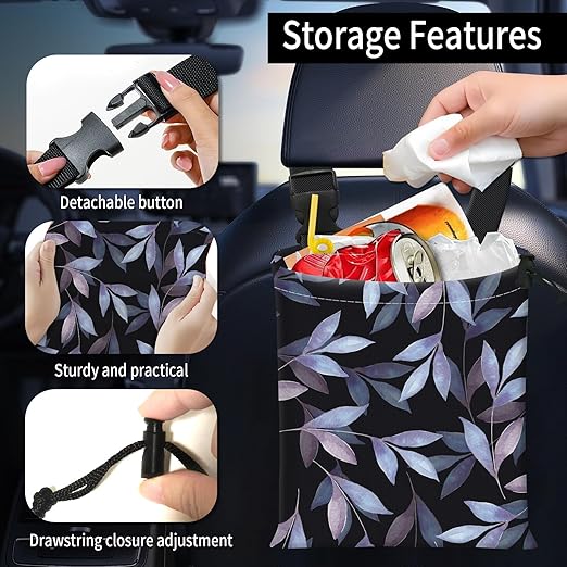 Car Trash Bag Large Hanging Can for Back of Seat, Cute Waterproof Car Garbage Bag for Vehicle, Travelling, Outdoor Cute Blue Black Leaf