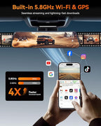 WOLFBOX G840H 12'' Mirror Dash Cam with ADAS and BSD, 2.5K Rear View Mirror Camera Front and Rear, 5.8GHz WiFi, Voice Control
