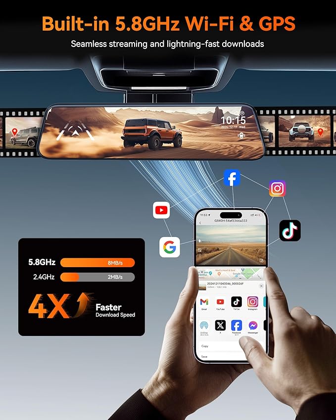 WOLFBOX G840H 12'' Mirror Dash Cam with ADAS and BSD, 2.5K Rear View Mirror Camera Front and Rear, 5.8GHz WiFi, Voice Control