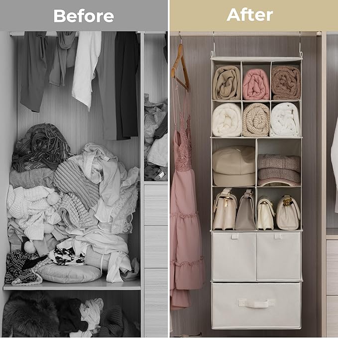 GRANNY SAYS Hanging Closet Organizer with Drawers, 6 Shelf Dividers Closet Hanging Organizer, Portable Foldable Hanging Shelv