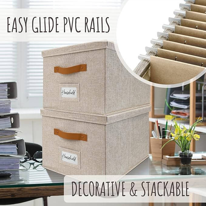 ZICOTO Decorative File Organizer Box Set of 2 - Collapsible Linen Filing Cabinets w/Handles Are Perfect to Store all Your Doc