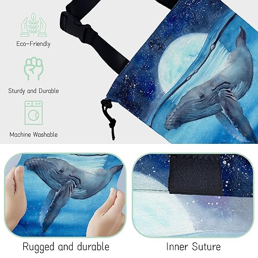 Watercolor Blue Whale Car Garbage Bag,Moon Starry Night Waterproof Small Car Trash Bag Hanging Back of Seat,Drawstring Hanging Car Trash Bag with Adjustable Buckle for Car Accessories