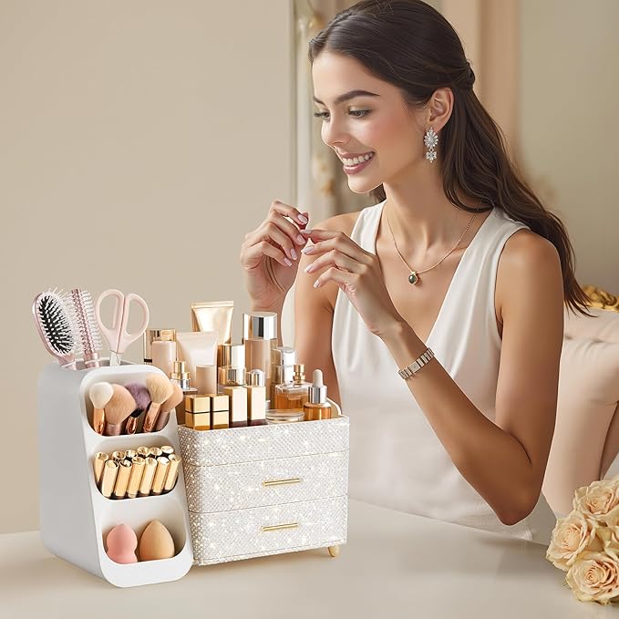 HBlife Makeup Organizer with Brush Holder for Vanity, Large Plastic Bathroom Countertop Organizer Skin Care Storage, Easy to 