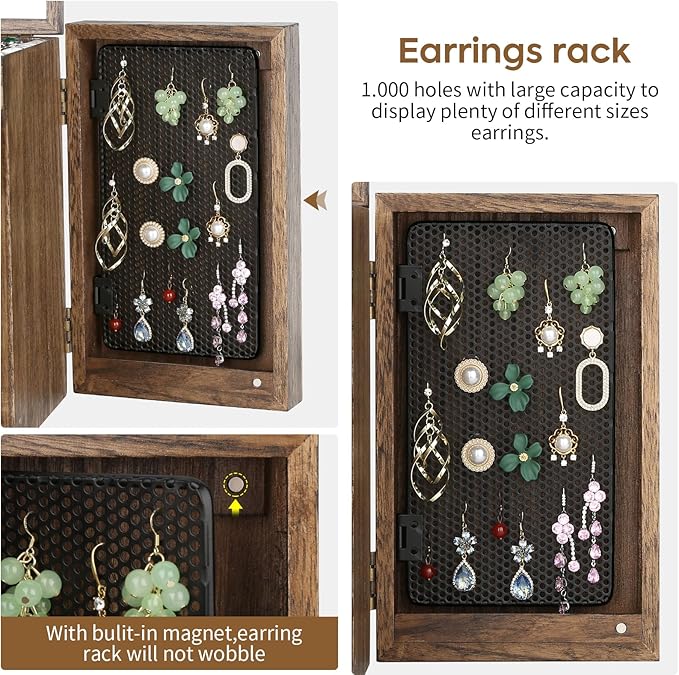 Meangood Jewelry Box Wood for Wowen, 5-Layer Large Organizer Box with Mirror & 4 Drawers for Rings, Earrings, Necklaces, Waln