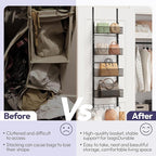 SWTYMIKI Over The Door Purse Organizer - Wall Mounted Purse Rack with 4 Adjustable Metal Basket and 6 Hooks, Hanging Bag Rack