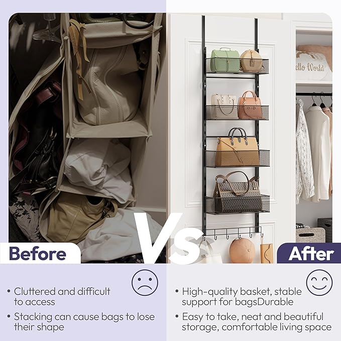 SWTYMIKI Over The Door Purse Organizer - Wall Mounted Purse Rack with 4 Adjustable Metal Basket and 6 Hooks, Hanging Bag Rack