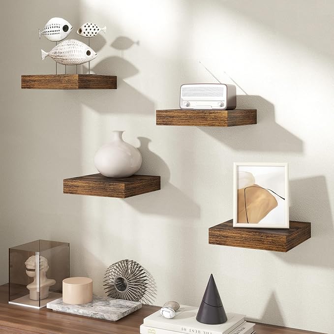 Axeman Square Floating Shelves for Wall, 8" W x 8" D x 1.4" H Rustic Wooden Wall Shelves, 4 Pack Wall Mounted Floating Shelf 