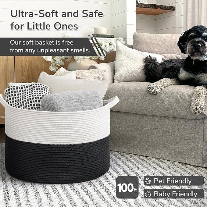 INDRESSME Large Cotton Rope Baskets for Storage, 21.7 x 13.8 Blanket Storage for Living Room Toy Baskets Kids, Baby Laundry B