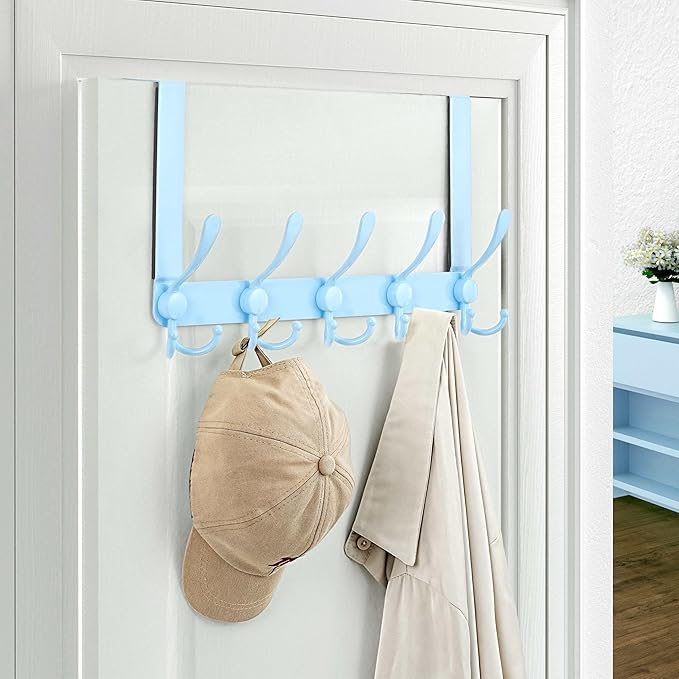 Dseap Over The Door Hook Hanger - Fits 1 3/8" to 1 3/4" Standard Doors | 5 Tri Hooks Heavy Duty Towel/Coat Rack | Door Organi