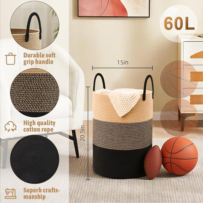 Artfeel Laundry Basket,Woven Cotton Rope Laundry Hamper,60L for Decorative Storage of Dirty Clothes,Toys and Blankets in Bath