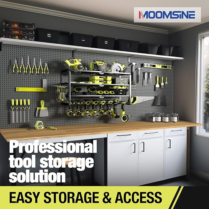 MOOMSINE 4 Layer Power Tool Organizer Wall Mount, Battery Tools Holder with Charging Station Shelf, Cordless Drill Hanger Sto