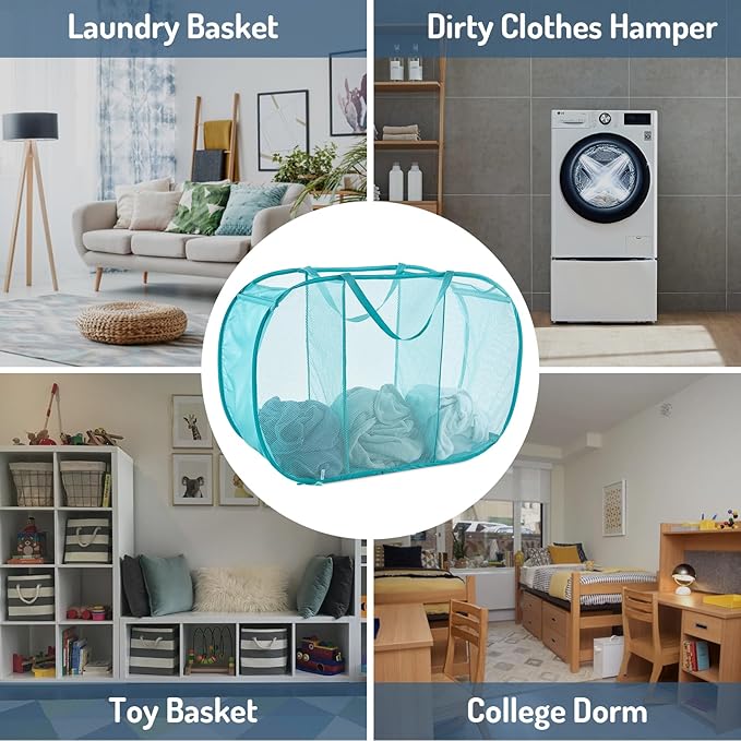 Seiritex Mesh Popup Laundry Hamper 3 Compartment Sortable Horizontal Collapsible Laundry Basket for Clothes Laundry Room Bedr