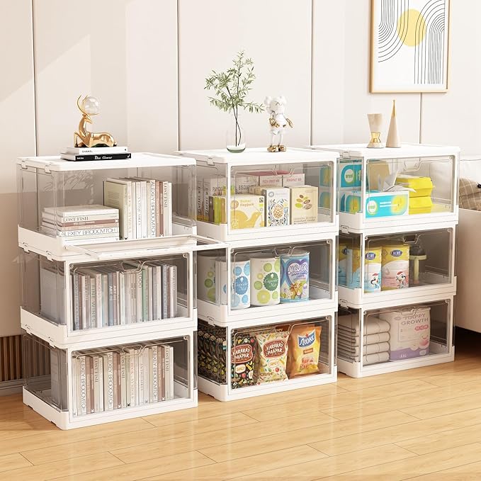 HYBRIDEAS 3-Pack Clear Stackable Storage Bins with Lids Magnetic Doors Open Front Foldable Folding Plastic Craft Containers L