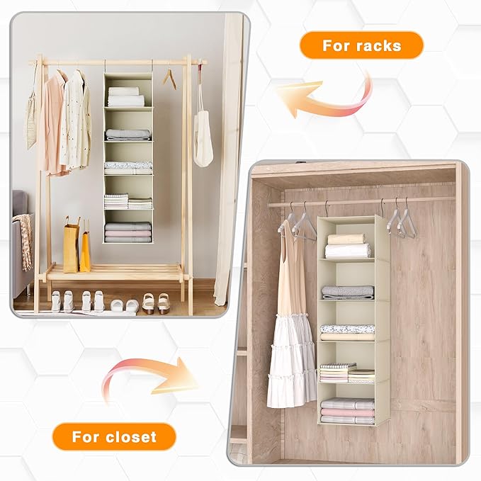 Hanging Closet Organizer, Easy Mount Foldable 5-Shelf Hanging Closet Wardrobe Storage Shelves, Clothes Handbag Shoes Accessor
