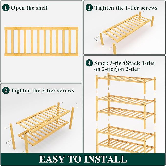 Smiry Shoe Rack, 5 Tier Bamboo Shoe Organizer, Stackable Free Standing Wooden Shoe Storage Shelf for Closet, Entryway, Front 