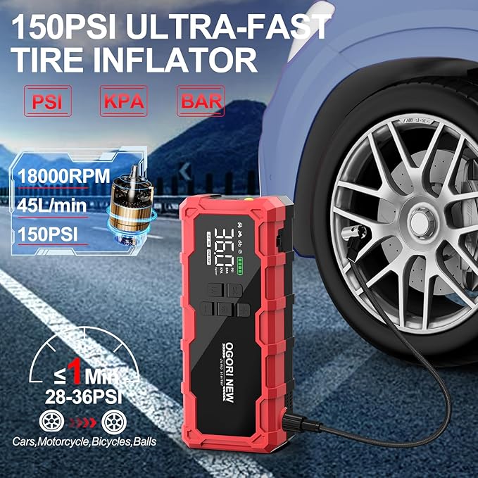7000A Jump Starter with Air Compressor, 21800mAh 150PSI Portable Car Battery Jump Starter (All Gas/16L Diesel), 12V