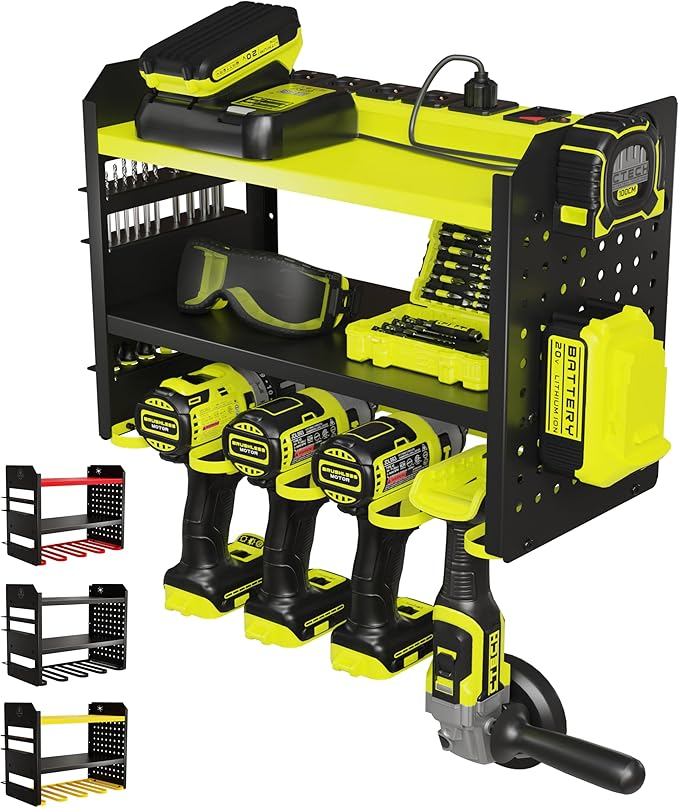 BUILTSTRONG Heavy-Duty Metal Tool Storage Rack - 3-Tier Wall Mount Organizer, Drill Holder, Utility Racks, PegBoard Side, Gar