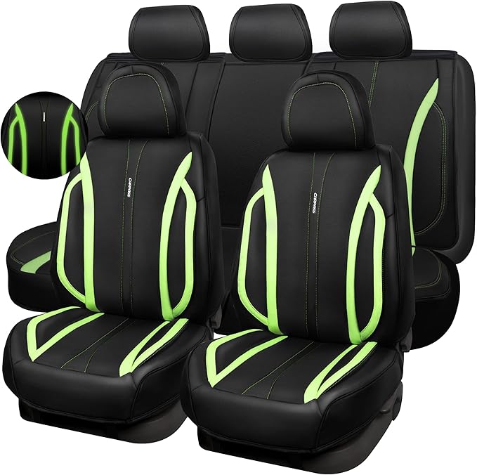 CAR PASS Fluorescent Green & Nappa Leather Seat Covers Full Set, with Backrest Cushion Protector Waist Protection Universal F
