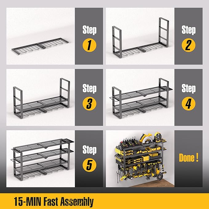 Spampur 420LB Capacity Power Tool Organizer with Charging Station & 6 Outlets | Quick Assembly 4-Layer Heavy Duty Rack for Dr