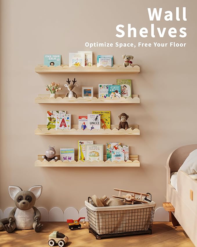 Shario Nursery Book Shelves, 4-Pack Wood Floating Shelves for Wall Kids, Scalloped Shelves, Wall Book Shelves for Bedroom Kid