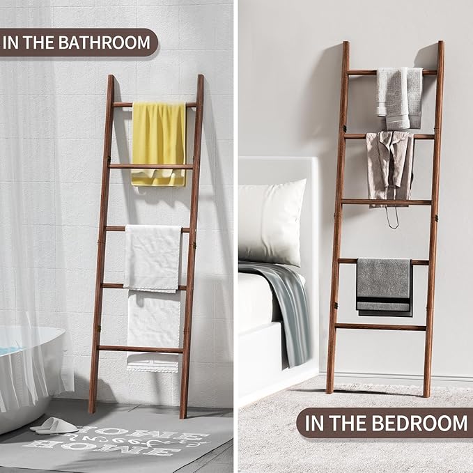 XLHOMO Blanket Ladder for Living Room, 5-Tier Wooden Ladder Shelf, Rustic Decorative Blanket Rack for Blankets, Quilts, Farmh