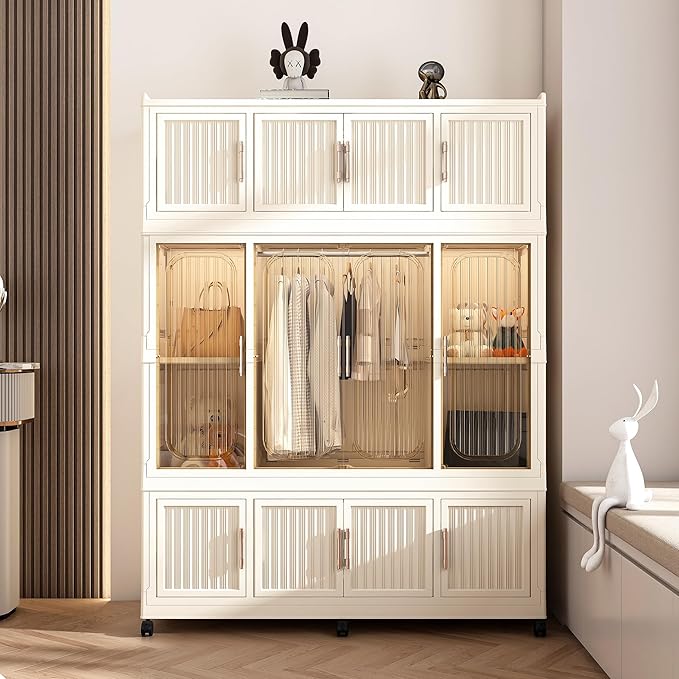 Portable Closet Storage with Magnetic Doors and Wheels, Foldable Armoire Wardrobe Closet with 1 Hanging Rod, 12 Cubes and 6 H