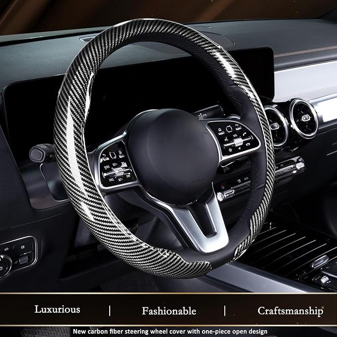 Aimato Car Steering Wheel Cover Carbon Fiber, Ultra-Thin Car Steering Wheel Cover,Comfortable & Breathable Microfiber,Universal Fit for Most Cars, Bright Silver