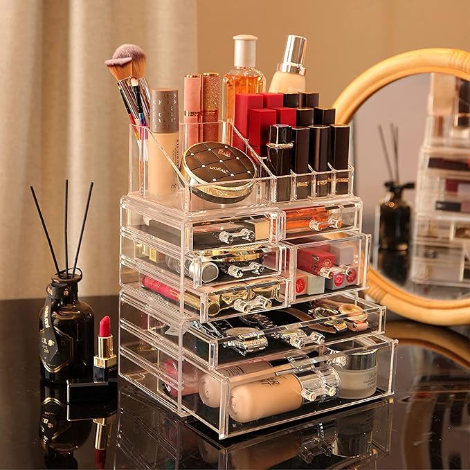 Cq acrylic 3 Pack Clear Skincare Organizer for Vanity, Stackable 7 Drawers Make Up Organizer,Cute Cosmetic Organizer for Vani