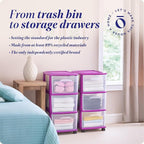 HOMZ 2-Pack Drawer Tower, 3-Tier Clear Plastic Storage Organizer Cart, Purple Frame - Organizing Containers with Wheels for H