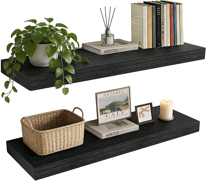 35.8 inch Black Floating Shelves Set of 2, Solid Wood Wall Mounted Shelves, Heavy Duty Display Storage Shelves for Bedroom, L
