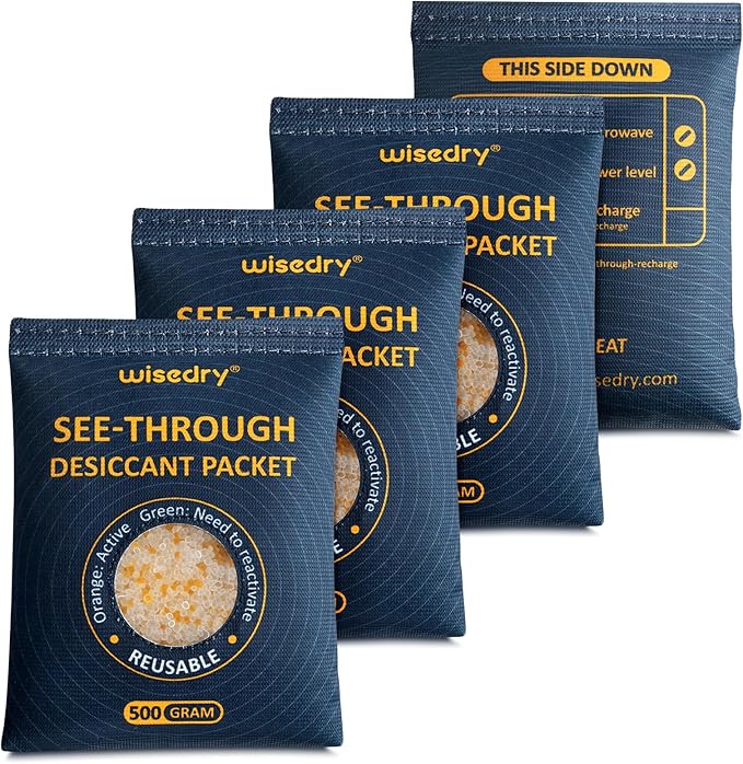 wisedry 4 x 500 Gram See-Through Silica Gel Packets, Color-Indicating Desiccant Packs for Storage, Reusable Safe