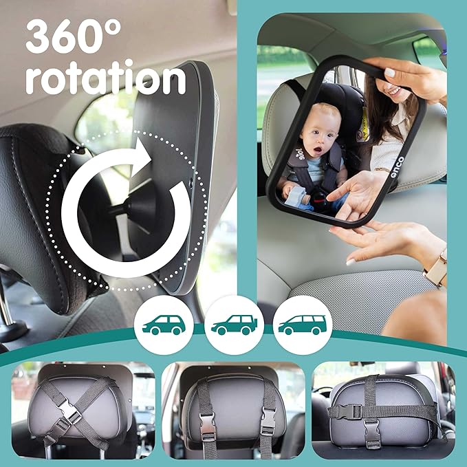 Onco Baby Car Mirror Bundle – Rear & Forward Facing Mirrors, Double Award-Winning, 100% Shatterproof & Shakeproof, 360° Rotation, Wide Convex View, Newborn Essentials