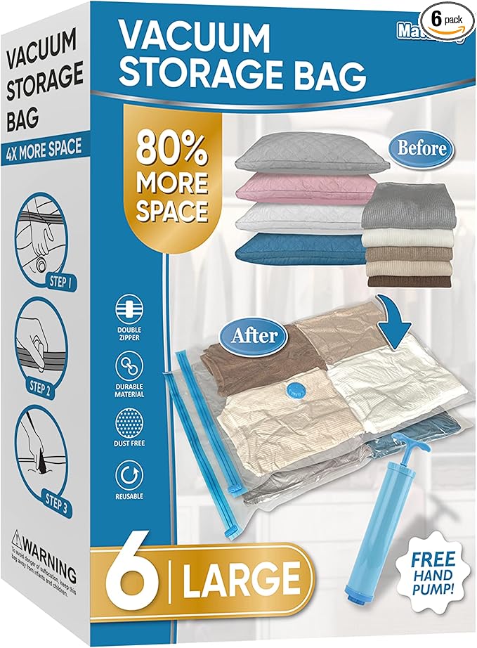MattEasy Space Saver Vacuum Storage Bags, 6 Pack Large Space Saver Bags with Pump, Storage Vacuum Sealed Bags for Clothes, Co