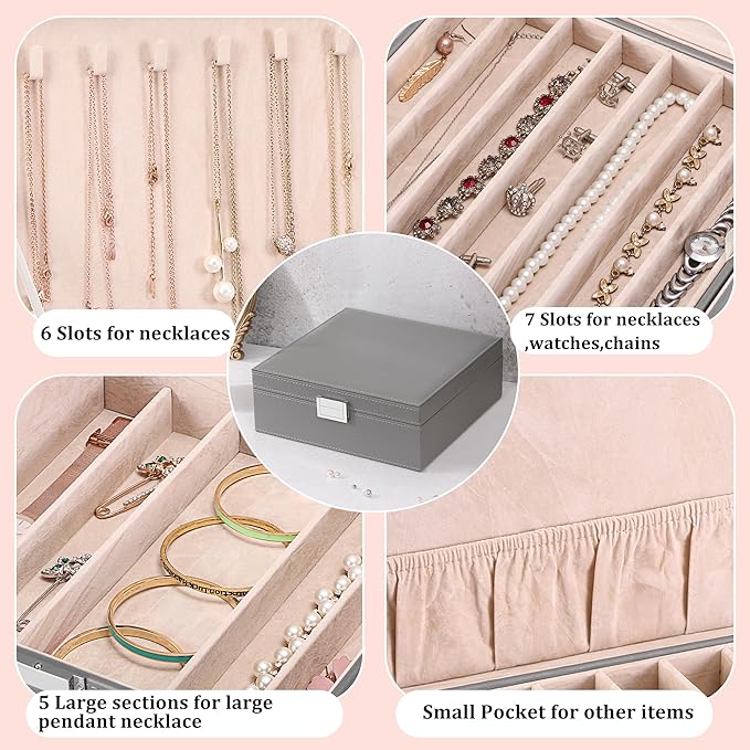 BEWISHOME Jewelry Boxes for Women, 2-Layer Necklace Organizer Box, Modern Style Jewelry Organizers and Storage with Removable