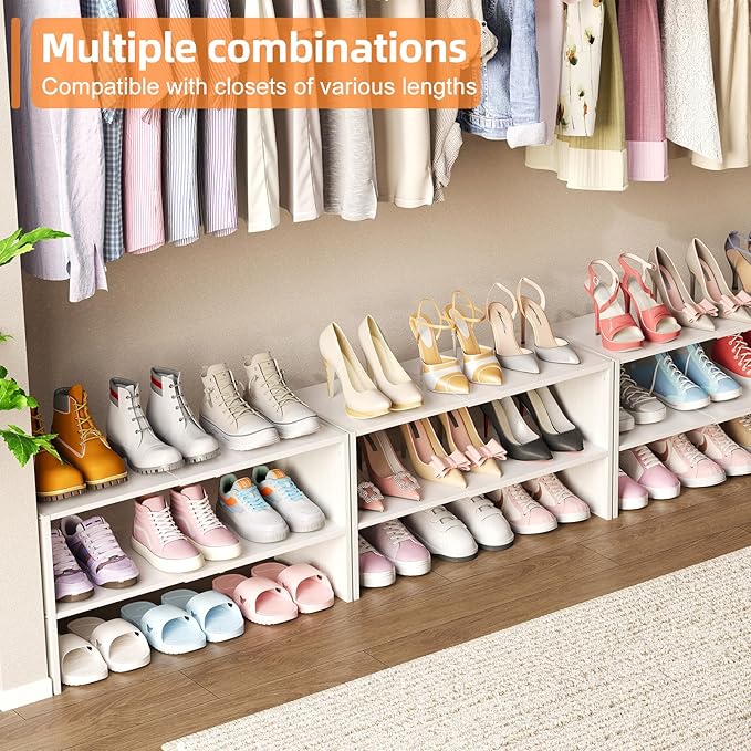 X-cosrack 2-Tier Shoe Rack Organizer for Closet, Expandable and Adjustable White Shoe Rack, Stackable Iron Wood Combination S