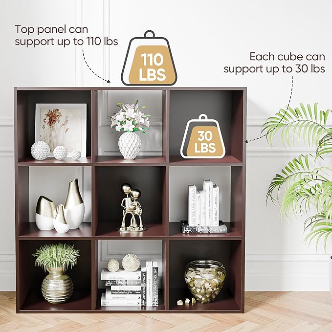 SUPER DEAL 9 Cube Storage Organizer, 3 Tier Bookshelf Open Shelf Display Rack with 5 Removable Back Panels Wood Bookshelf Sys
