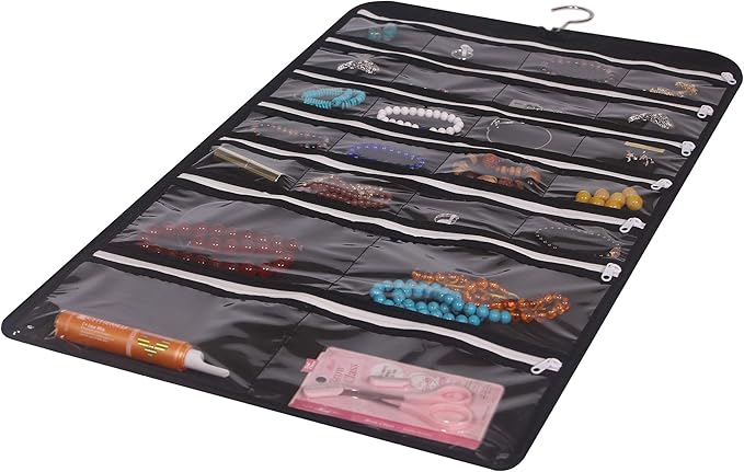 DIOMMELL Hanging Jewelry Organizer 47 Pockets with Zipper for Earrings Necklace Bracelet Ring Accessory Display Storage Bag T