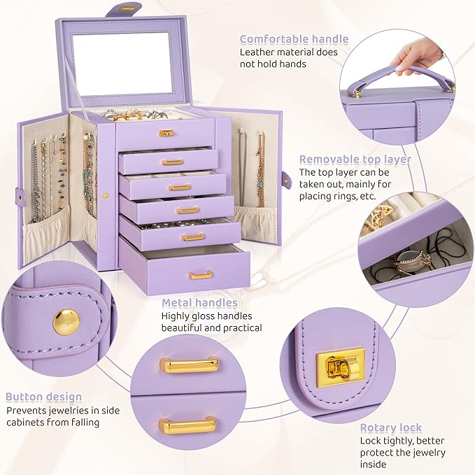 AKOZLIN Jewelry Box Organizer Functional Leather Jewelry Storage Case for Women Girls Ring Necklace Earring Bracelet Holder O