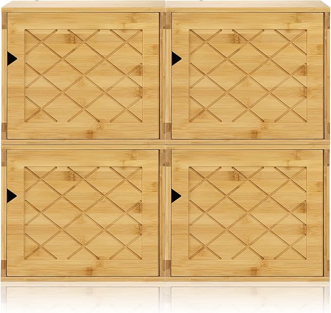 Fasmov Cube Storage Organizer, Bamboo Cube Bookshelf, Stackable Connect Storage Cube Cubby Organizer with Door, Stackable Cub