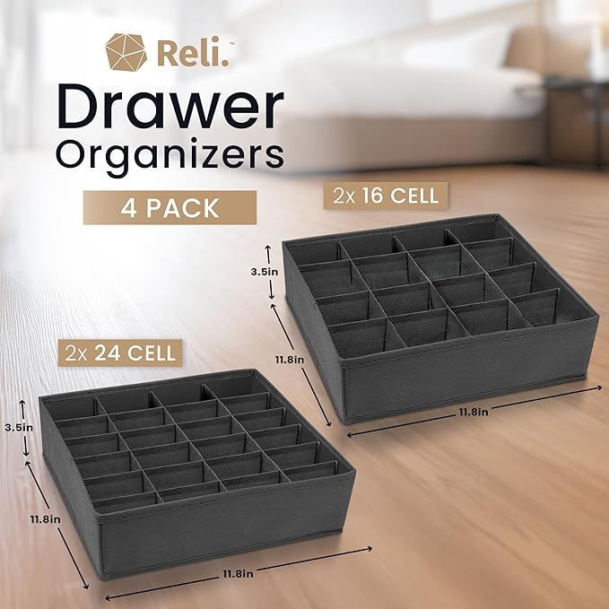 Reli. Sock Organizer (4 Pack) | 16+24 Cell Underwear Organizer | Drawer Dividers for Underwear, Socks, Ties, Belt | Foldable 