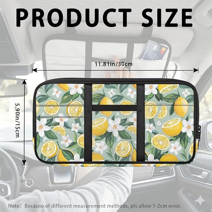Lemon Car Sun Visor Storage Bag,Scratch-Resistant Car Essentials Tool Pack Car Visor Organizer with Zipper Fits Most Vehicles, SUVs, Trucks