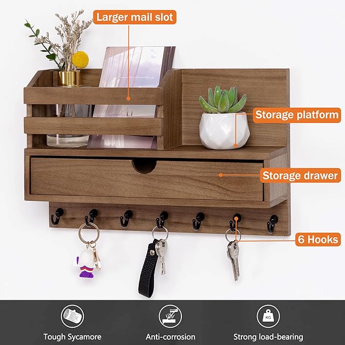 dreampossible Key and Mail Holder for Wall, Mail Organizer Wall Mount with 6 Hooks and Storage Drawer, Wooden Key Rack Hanger