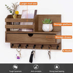 dreampossible Key and Mail Holder for Wall, Mail Organizer Wall Mount with 6 Hooks and Storage Drawer, Wooden Key Rack Hanger