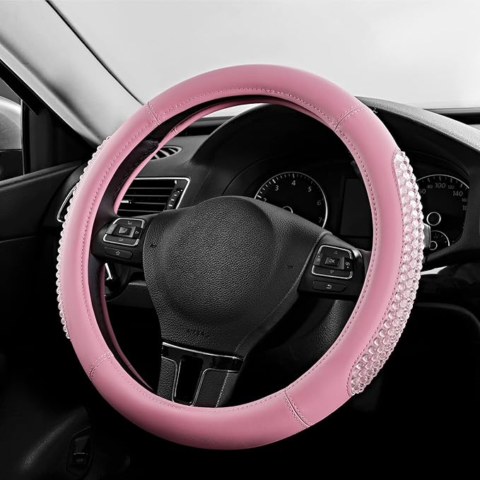 PIC AUTO Steering Wheel Cover, Glitter Gel Particles & Pink Luxury Leather Car Steering Cover, Universal Fit 14.5"-15.5" Anti